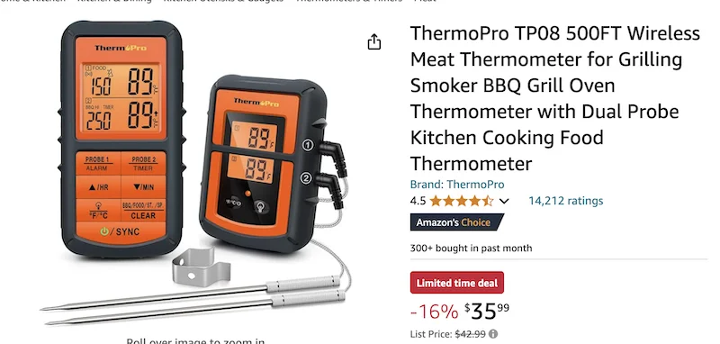 Save 16%  - ThermoPro TP08 500FT Wireless Meat Thermometer
